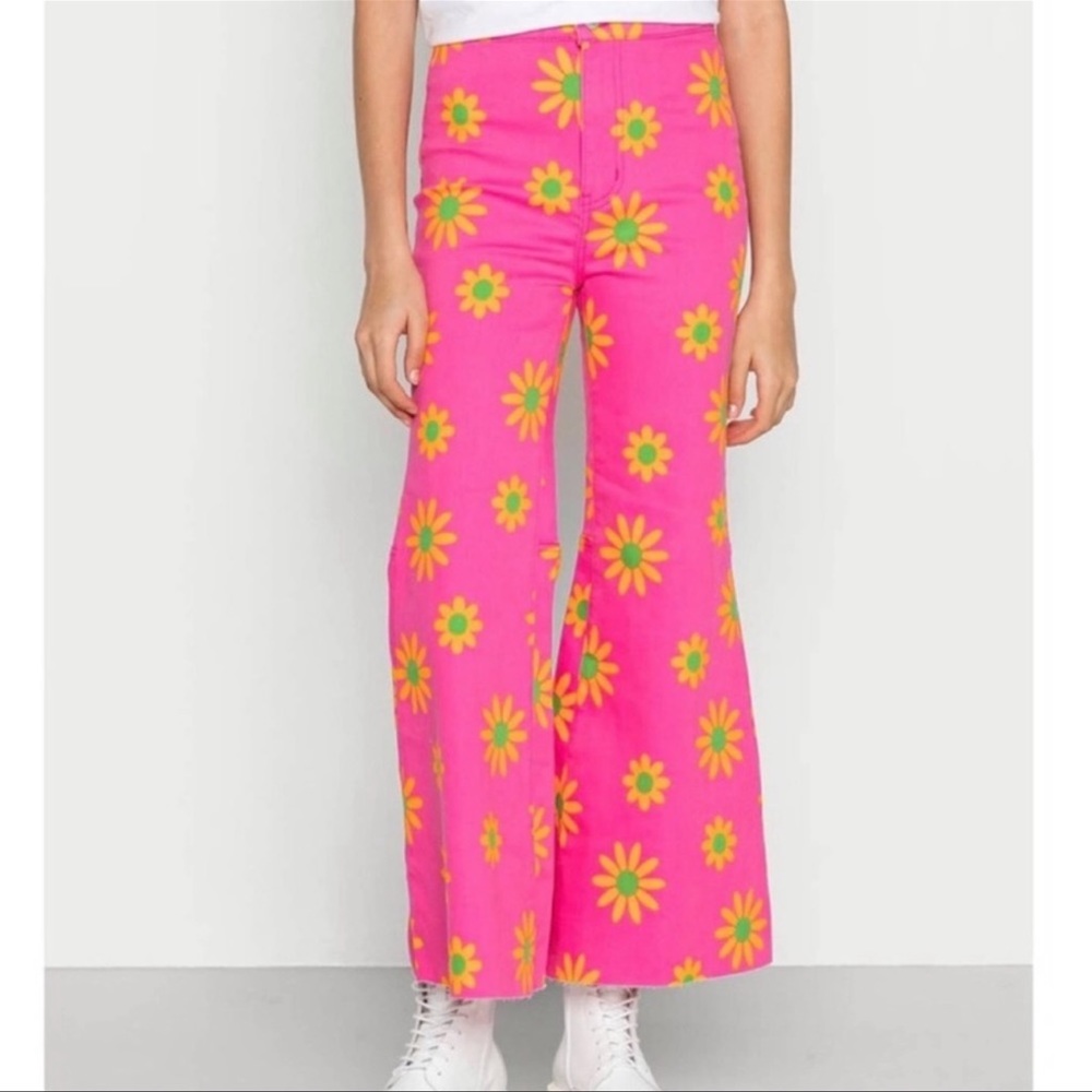 Free People Pink Floral Flare Jeans with Yellow Sunburst Print - Picture 6 of 13